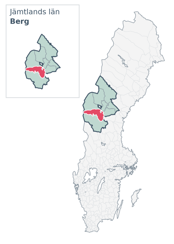 Översiktskarta över Berg kommun i Jämtlands län, med kommunens läge i Sverige.