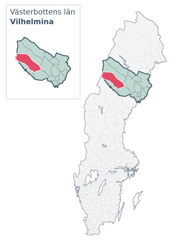 Översiktskarta över Vilhelmina kommun i Västerbottens län, med kommunens läge i Sverige.
