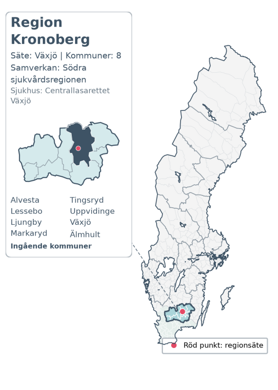 Översiktskarta över Region Kronoberg. Regionen är markerad i Sverige.