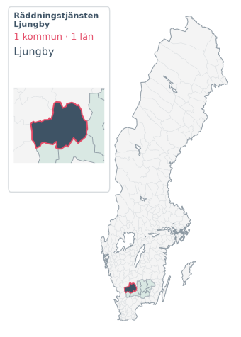 Täckningskarta för Räddningstjänsten Ljungby. 1 medlemskommuner enligt Klick Datas organisationslista.