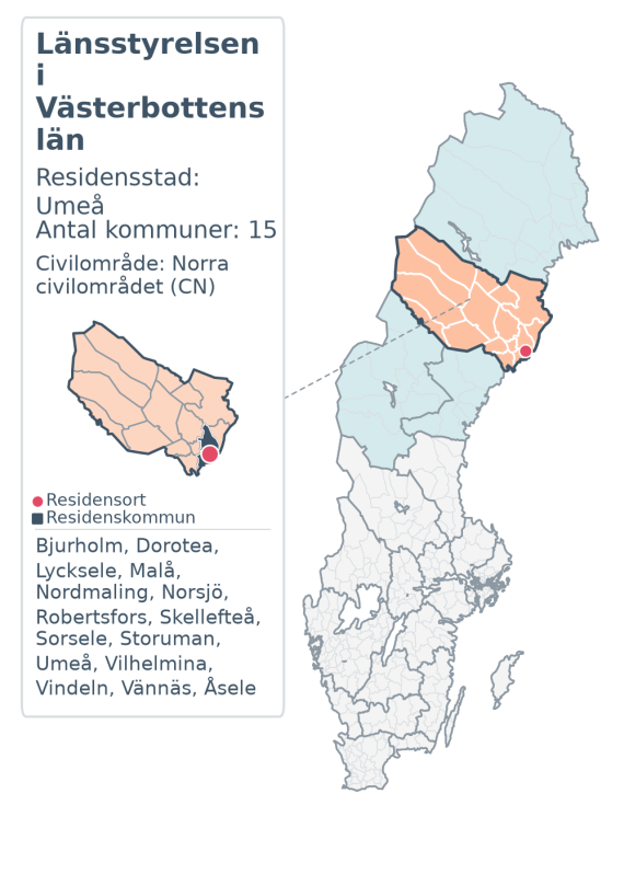 Översiktskarta över Länsstyrelsen i Västerbottens län. Länet är markerat i Sverige och inom sitt civilområde.