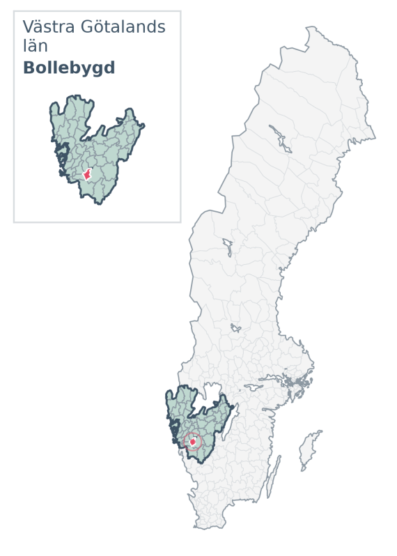 Översiktskarta över Bollebygd kommun i Västra Götalands län, med kommunens läge i Sverige.