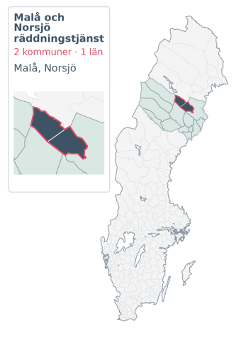 Täckningskarta för Malå och Norsjö räddningstjänst. 2 medlemskommuner enligt Klick Datas organisationslista.