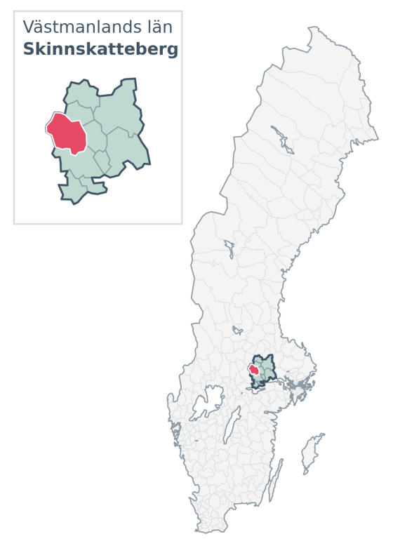 Översiktskarta över Skinnskatteberg kommun i Västmanlands län, med kommunens läge i Sverige.
