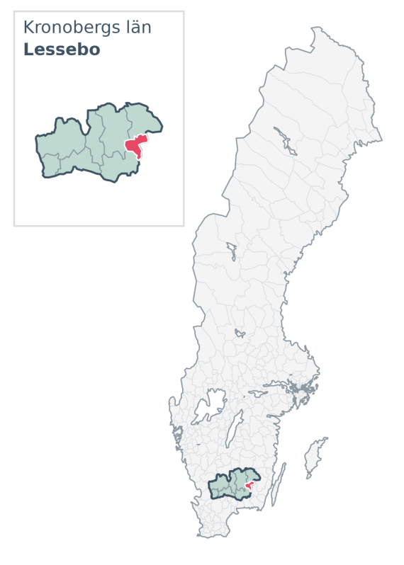 Översiktskarta över Lessebo kommun i Kronobergs län, med kommunens läge i Sverige.