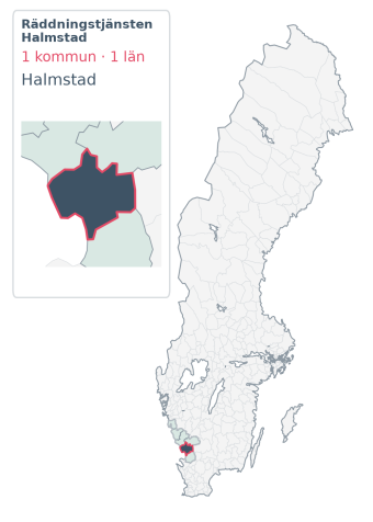Täckningskarta för Räddningstjänsten Halmstad. 1 medlemskommuner enligt Klick Datas organisationslista.