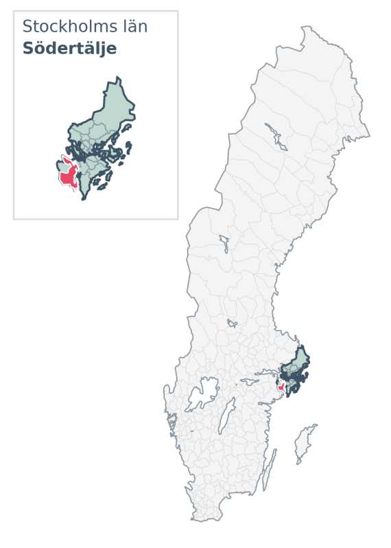 Översiktskarta över Södertälje kommun i Stockholms län, med kommunens läge i Sverige.