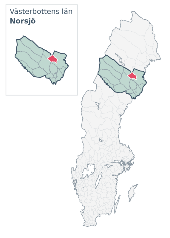 Översiktskarta över Norsjö kommun i Västerbottens län, med kommunens läge i Sverige.