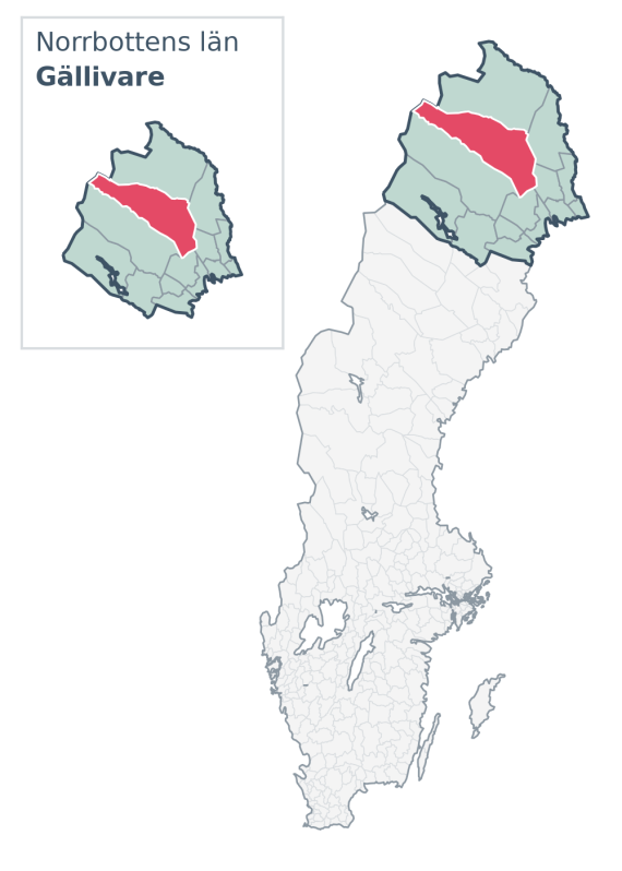 Översiktskarta över Gällivare kommun i Norrbottens län, med kommunens läge i Sverige.