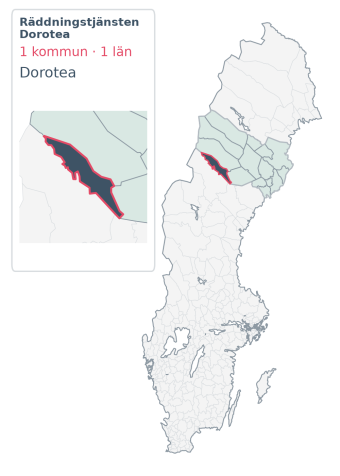 Täckningskarta för Räddningstjänsten Dorotea. 1 medlemskommuner enligt Klick Datas organisationslista.