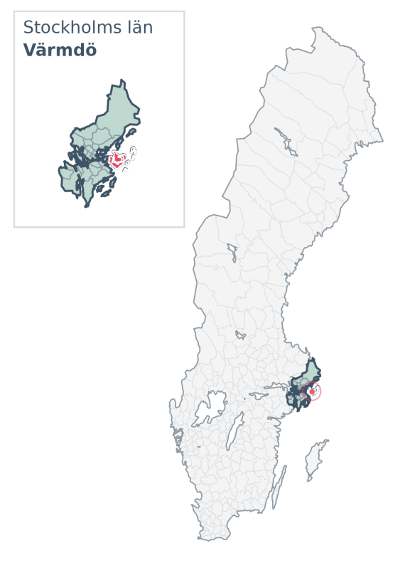 Översiktskarta över Värmdö kommun i Stockholms län, med kommunens läge i Sverige.