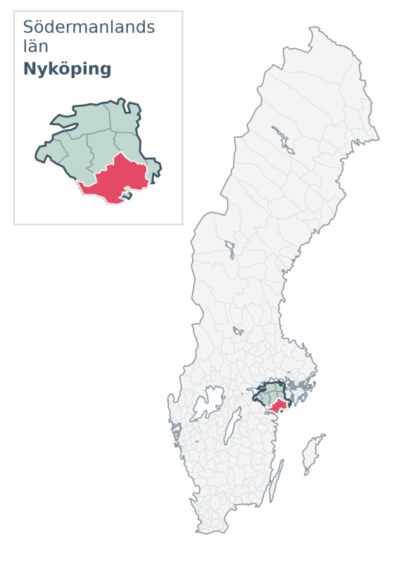 Översiktskarta över Nyköping kommun i Södermanlands län, med kommunens läge i Sverige.