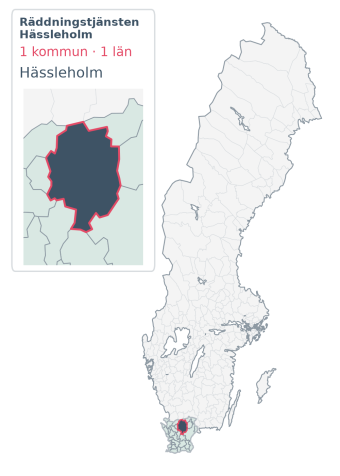 Täckningskarta för Räddningstjänsten Hässleholm. 1 medlemskommuner enligt Klick Datas organisationslista.