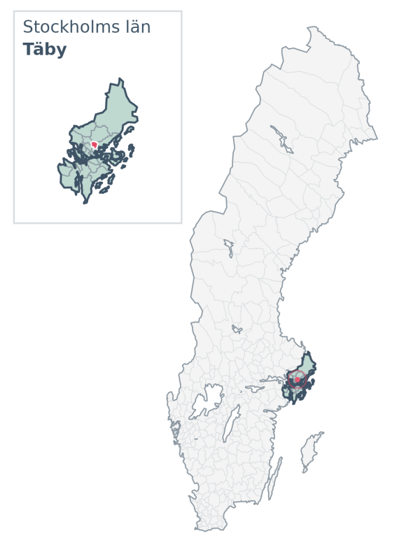Översiktskarta över Täby kommun i Stockholms län, med kommunens läge i Sverige.