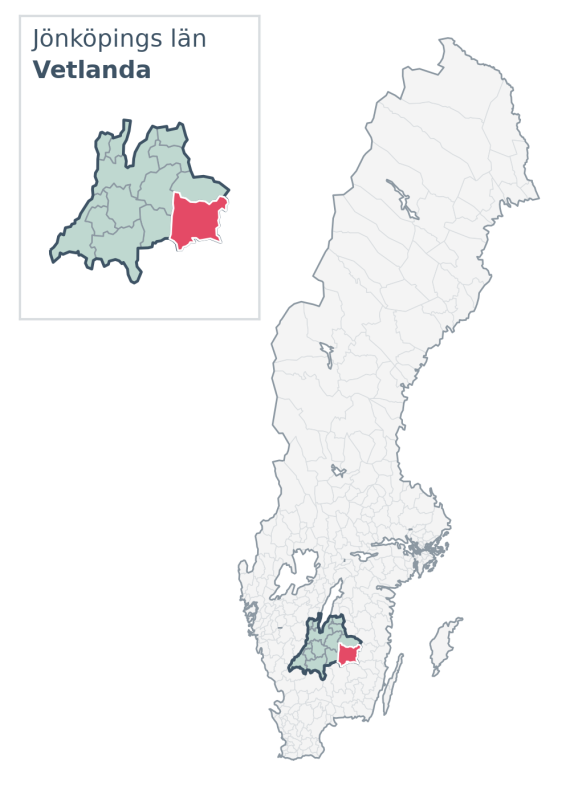 Översiktskarta över Vetlanda kommun i Jönköpings län, med kommunens läge i Sverige.