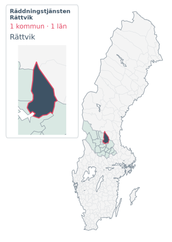 Täckningskarta för Räddningstjänsten Rättvik. 1 medlemskommuner enligt Klick Datas organisationslista.