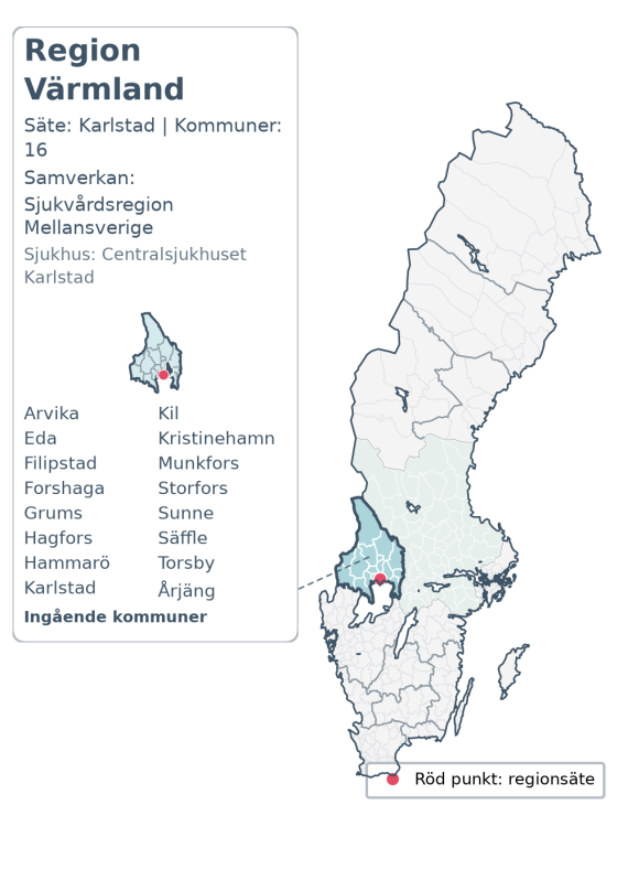 Översiktskarta över Region Värmland. Regionen är markerad i Sverige.