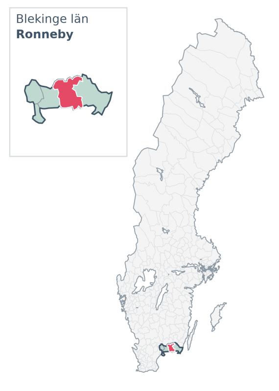 Översiktskarta över Ronneby kommun i Blekinge län, med kommunens läge i Sverige.