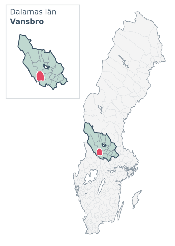 Översiktskarta över Vansbro kommun i Dalarnas län, med kommunens läge i Sverige.