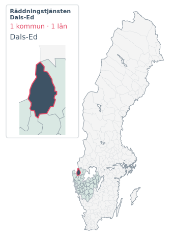 Täckningskarta för Räddningstjänsten Dals-Ed. 1 medlemskommuner enligt Klick Datas organisationslista.