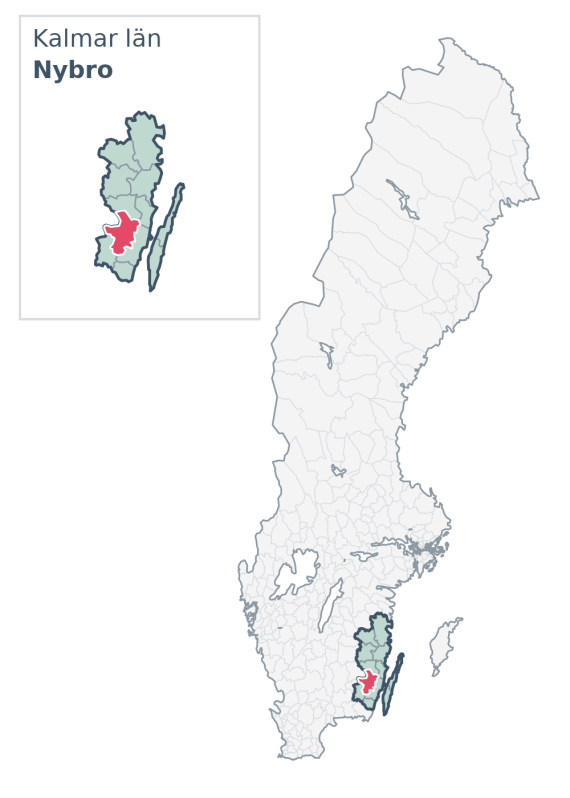 Översiktskarta över Nybro kommun i Kalmar län, med kommunens läge i Sverige.
