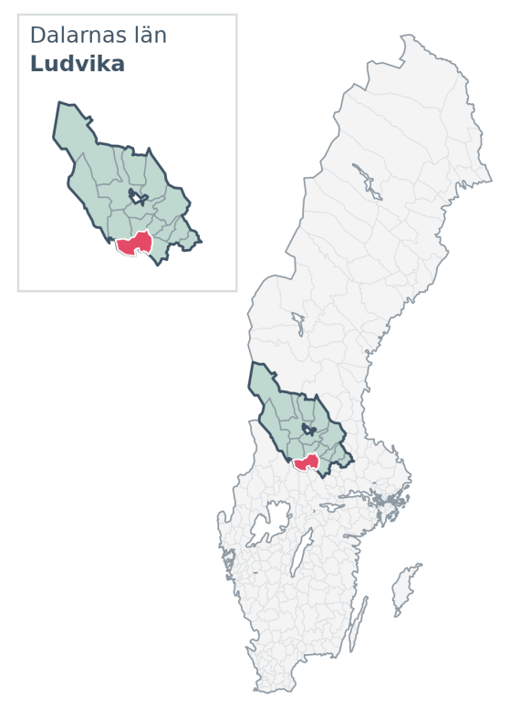 Översiktskarta över Ludvika kommun i Dalarnas län, med kommunens läge i Sverige.