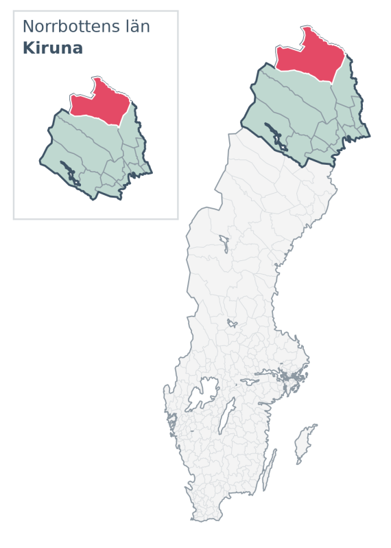 Översiktskarta över Kiruna kommun i Norrbottens län, med kommunens läge i Sverige.