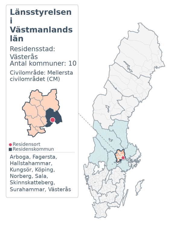 Översiktskarta över Länsstyrelsen i Västmanlands län. Länet är markerat i Sverige och inom sitt civilområde.