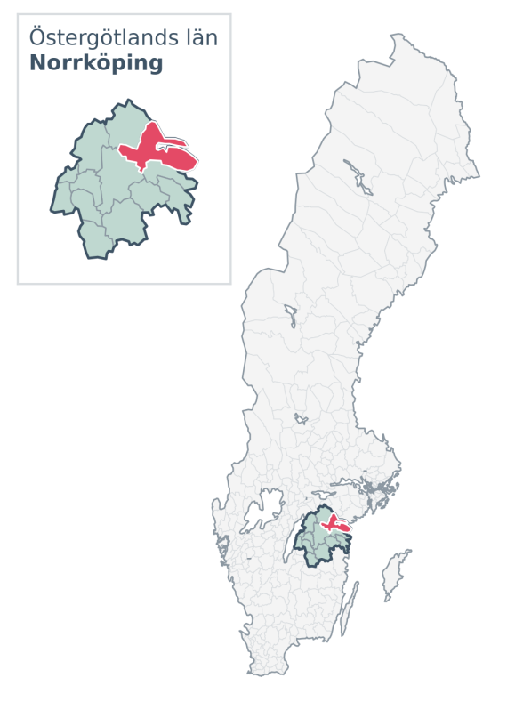 Översiktskarta över Norrköping kommun i Östergötlands län, med kommunens läge i Sverige.