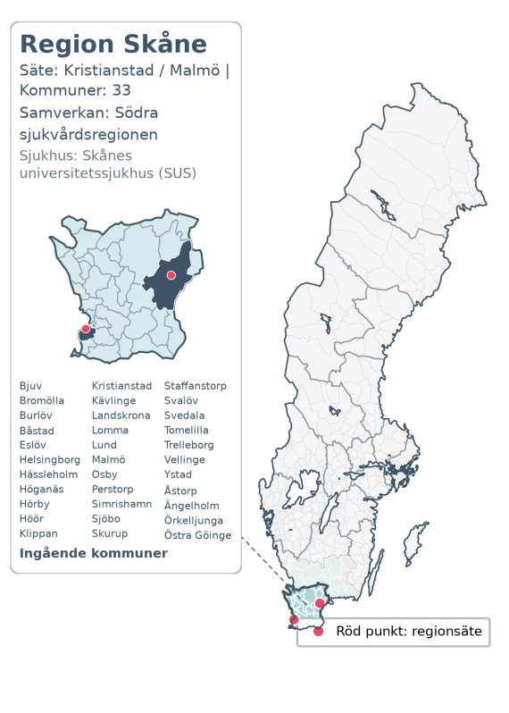 Översiktskarta över Region Skåne. Regionen är markerad i Sverige.