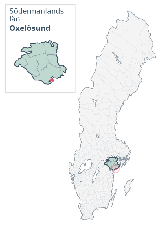 Översiktskarta över Oxelösund kommun i Södermanlands län, med kommunens läge i Sverige.