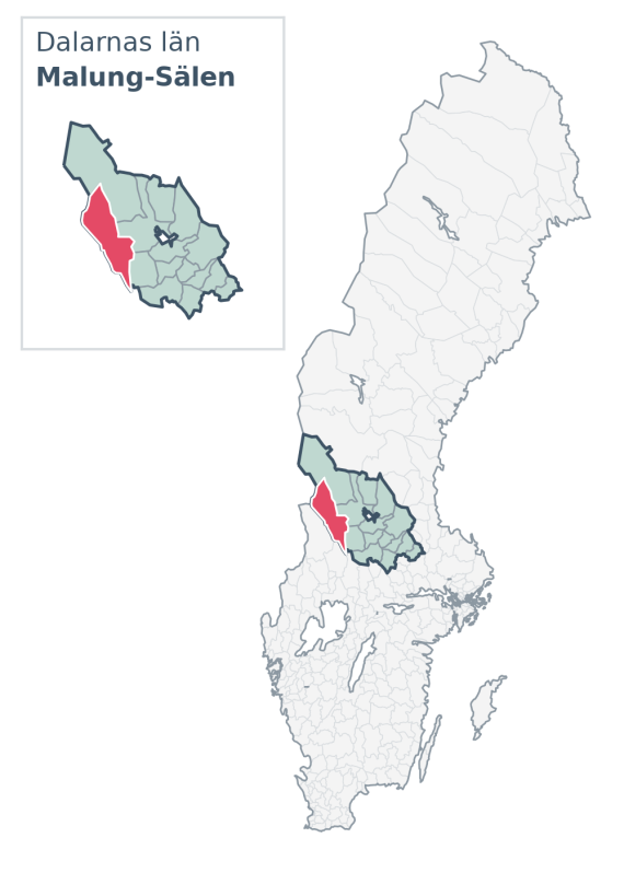 Översiktskarta över Malung-Sälen kommun i Dalarnas län, med kommunens läge i Sverige.