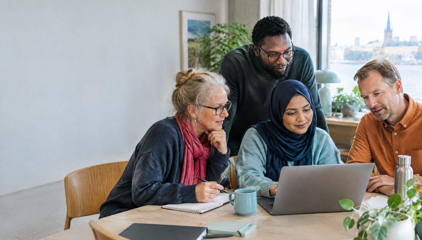 En grupp yrkesverksamma lär tillsammans vid en dator