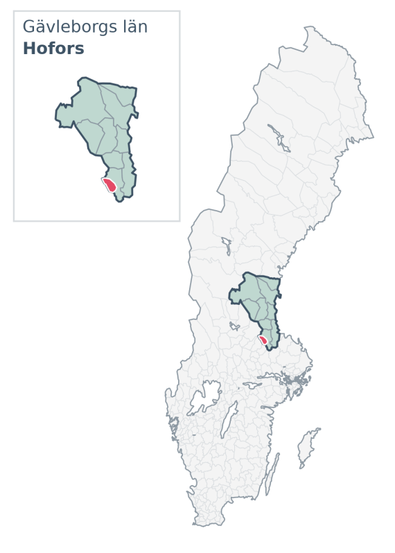 Översiktskarta över Hofors kommun i Gävleborgs län, med kommunens läge i Sverige.