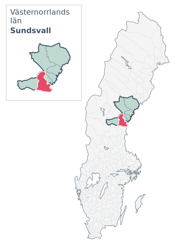 Översiktskarta över Sundsvall kommun i Västernorrlands län, med kommunens läge i Sverige.