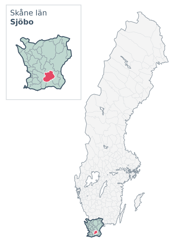 Översiktskarta över Sjöbo kommun i Skåne län, med kommunens läge i Sverige.