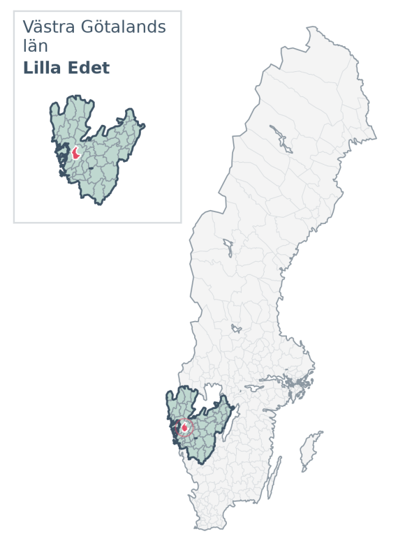 Översiktskarta över Lilla Edet kommun i Västra Götalands län, med kommunens läge i Sverige.