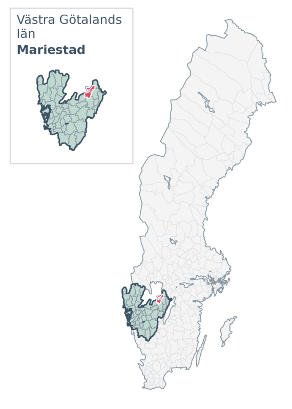 Översiktskarta över Mariestad kommun i Västra Götalands län, med kommunens läge i Sverige.