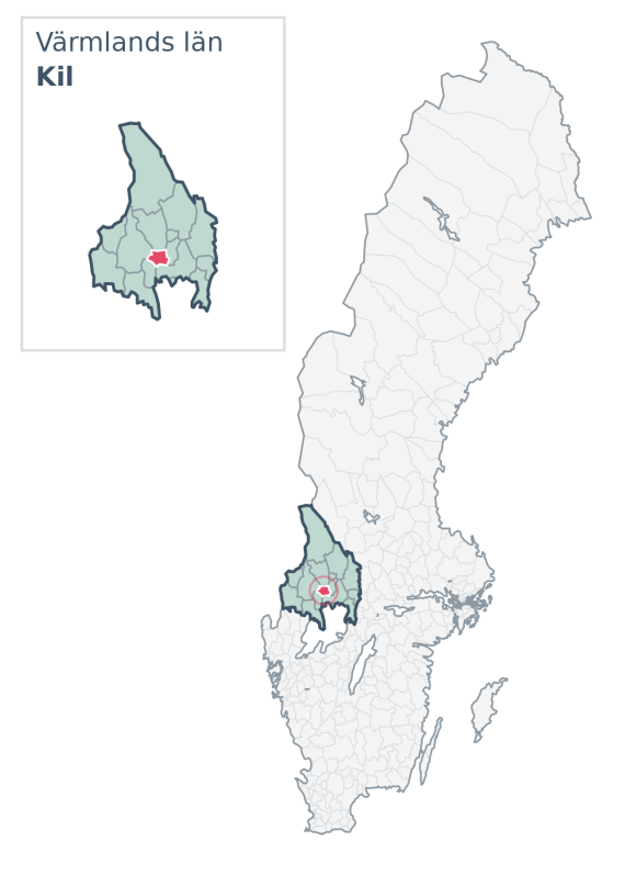 Översiktskarta över Kil kommun i Värmlands län, med kommunens läge i Sverige.