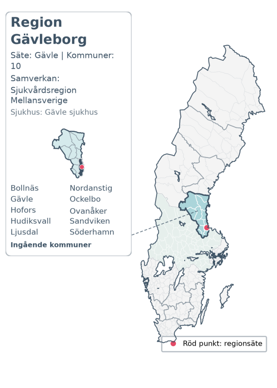 Översiktskarta över Region Gävleborg. Regionen är markerad i Sverige.