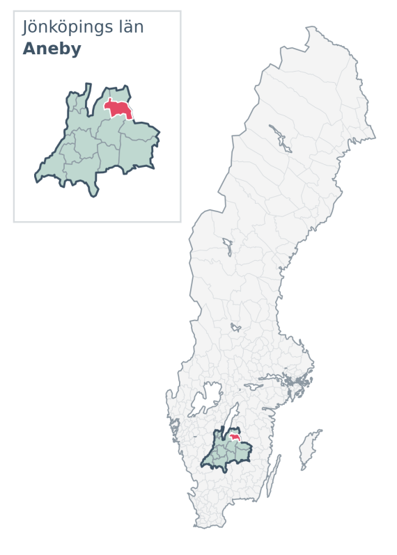 Översiktskarta över Aneby kommun i Jönköpings län, med kommunens läge i Sverige.