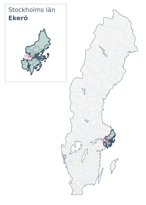 Översiktskarta över Ekerö kommun i Stockholms län, med kommunens läge i Sverige.
